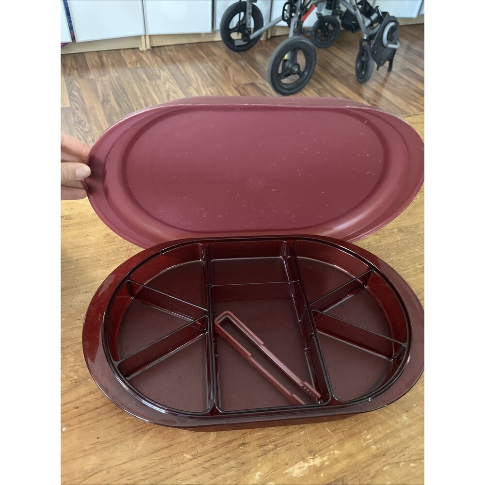 Vtg Tupperware Preludio Hors D'oeuvre Tray w/ Divider Tongs Cranberry 2015A-2